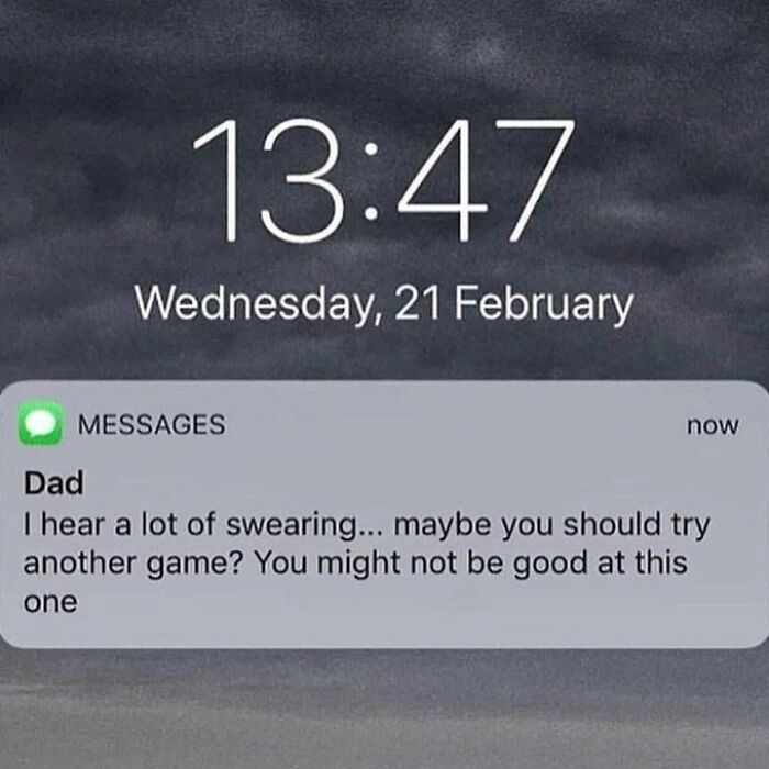 Text conversation screenshot showing a dad suggesting to try another game, related to anxiety prime funny texts.