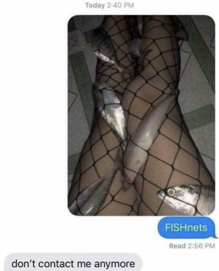 Text message showing legs in fishnet stockings with fish inside, humorously highlighting anxiety prime conversations.