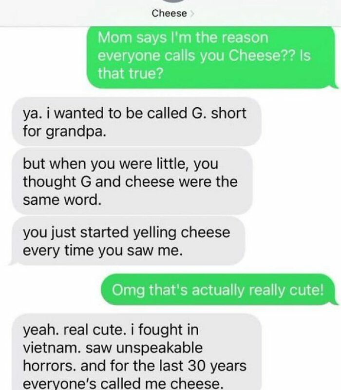 Text conversation showing a funny family nickname story, a humorous example from anxiety prime text conversations.