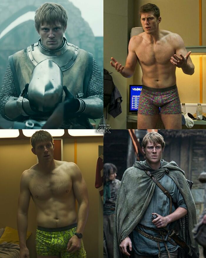 Peter Claffey shirtless and in armor, showing his body in scenes from A Knight of the Seven Kingdoms series.