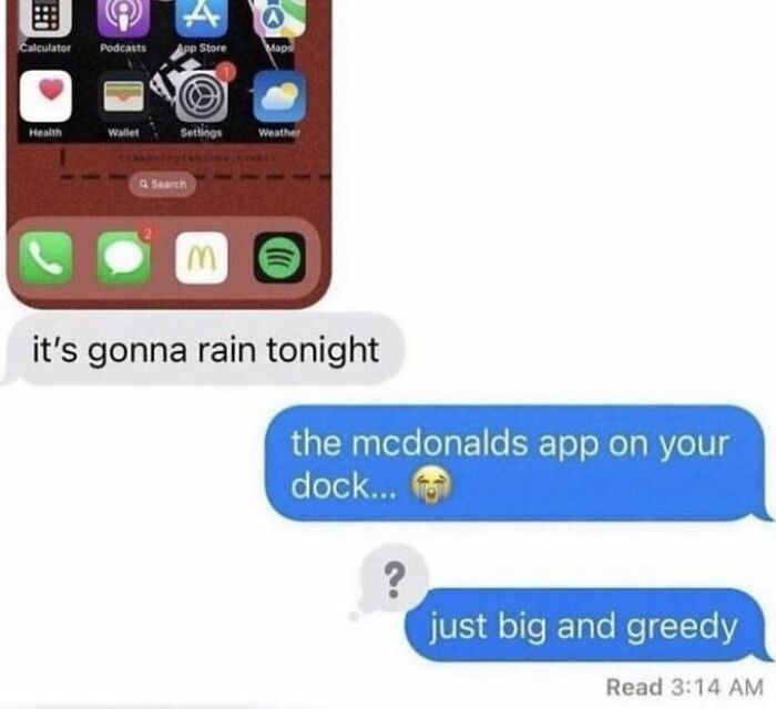 Screenshot of a funny text conversation with anxiety prime, mentioning the McDonalds app icon on a phone screen.