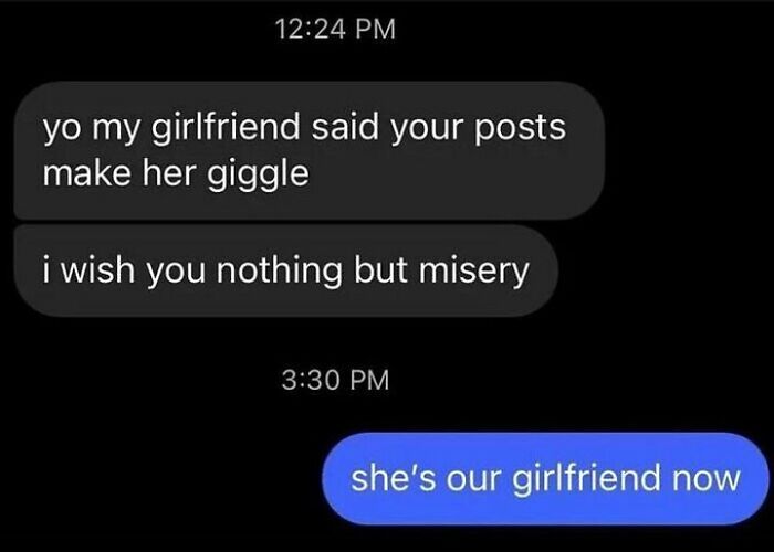 Text conversation shown on a phone screen featuring a humorous exchange about making someone giggle and anxiety prime.