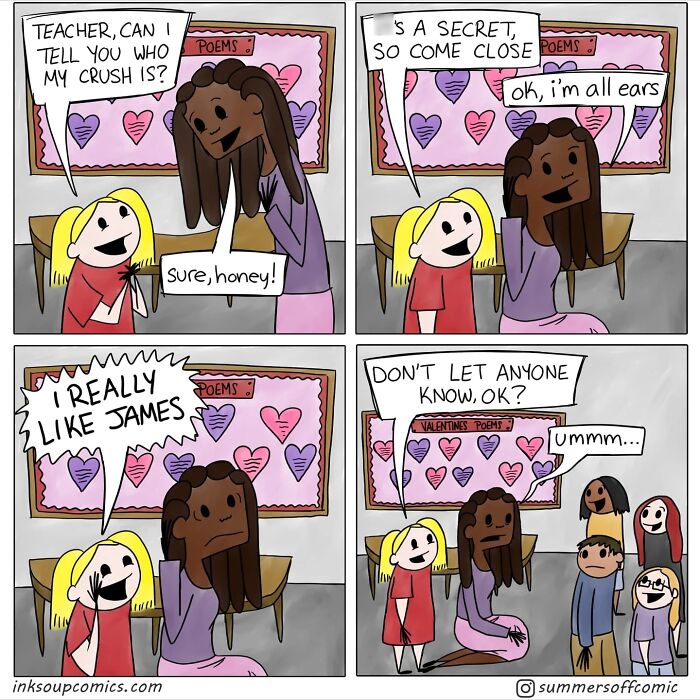 Comic of a teacher and students showing classroom chaos and workload with kids sharing secrets in a humorous new teacher comic.