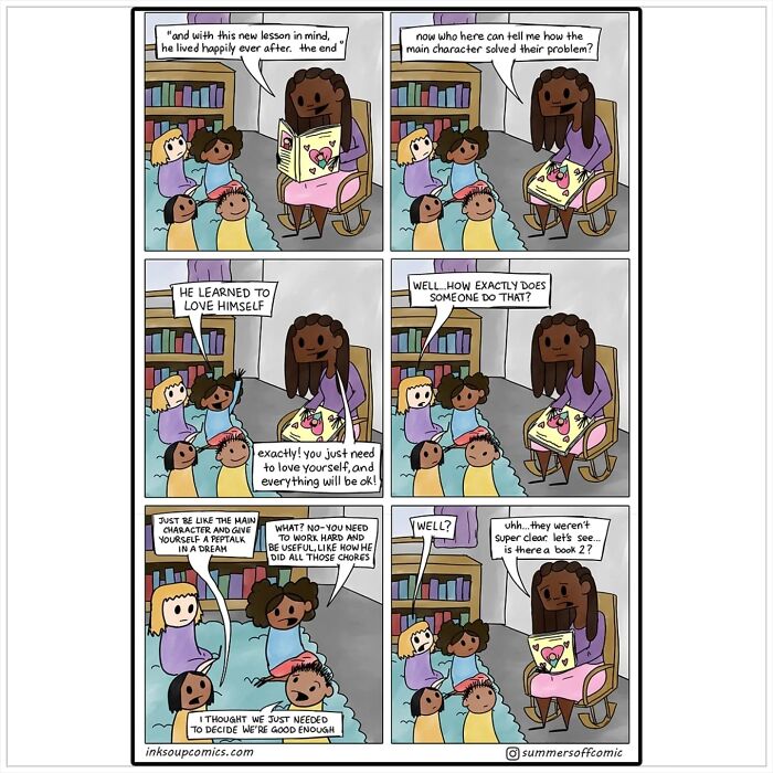 Comic strip showing a teacher reading to kids, capturing the workload, kids, and chaos in new teacher comics.
