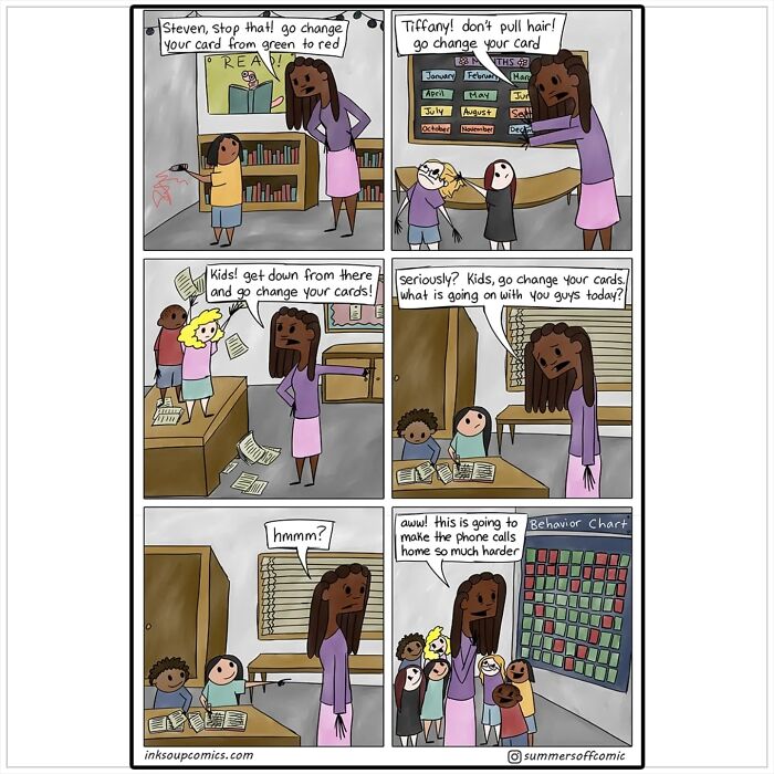 Teacher managing kids changing behavior cards, highlighting the workload and chaos in a classroom setting comic panel.