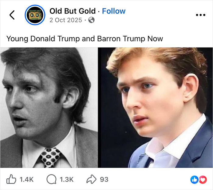 Side-by-side images of young Donald Trump and Barron Trump highlighting paternity conspiracy theories. Side-by-side images of young Donald Trump and Barron Trump highlighting paternity conspiracy theories.