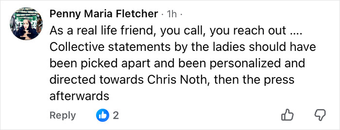 Comment by Penny Maria Fletcher discussing Chris Noth and the impact on his friendship with Sarah Jessica Parker.
