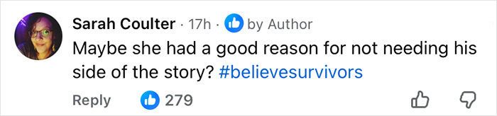 Facebook comment by Sarah Coulter discussing the fallout between Chris Noth and Sarah Jessica Parker with hashtag believesurvivors