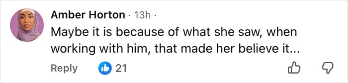 Comment from Amber Horton discussing her perspective on a situation involving Chris Noth and Sarah Jessica Parker.