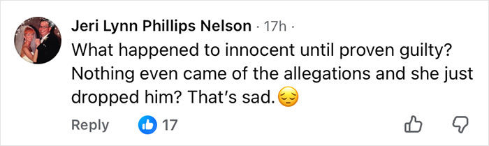 Comment expressing sadness over allegations and a dropped friendship, relating to Chris Noth and Sarah Jessica Parker.