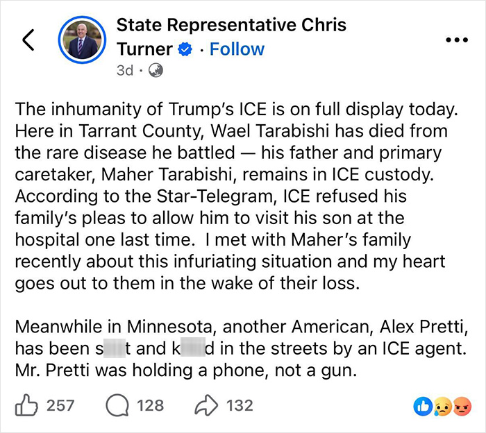 Facebook post by State Representative Chris Turner condemning ICE for not letting a detained father attend his son&rsquo;s funeral.