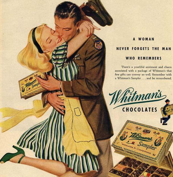 Vintage ads featuring romantic values with a couple embracing, promoting Whitman's chocolates from the mid-20th century.