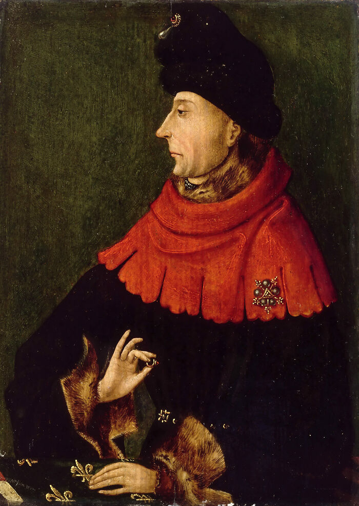 Portrait of a man in old painting with red and black fur-trimmed clothing, showcasing hilariously bad old paintings with unique charm.