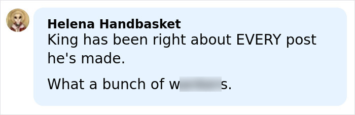 Comment by Helena Handbasket criticizing a Stephen King post about ICE agent Jonathan Ross, shown in a light blue text bubble.