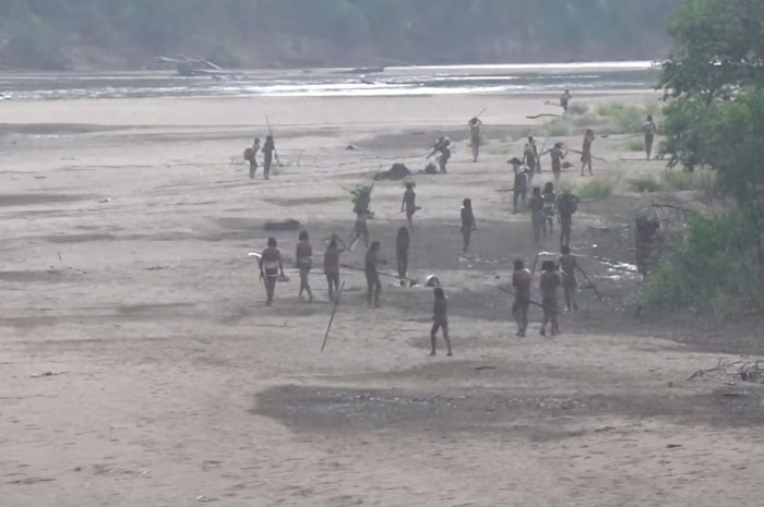 Uncontacted Amazonian tribe members on riverbank holding spears amid dense forest in rare never-before-seen footage. Uncontacted Amazonian tribe members on riverbank holding spears amid dense forest in rare never-before-seen footage.