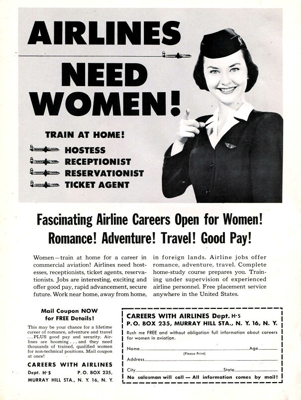 Vintage ad showing airline career opportunities for women, reflecting changing and lasting values over time in aviation jobs.