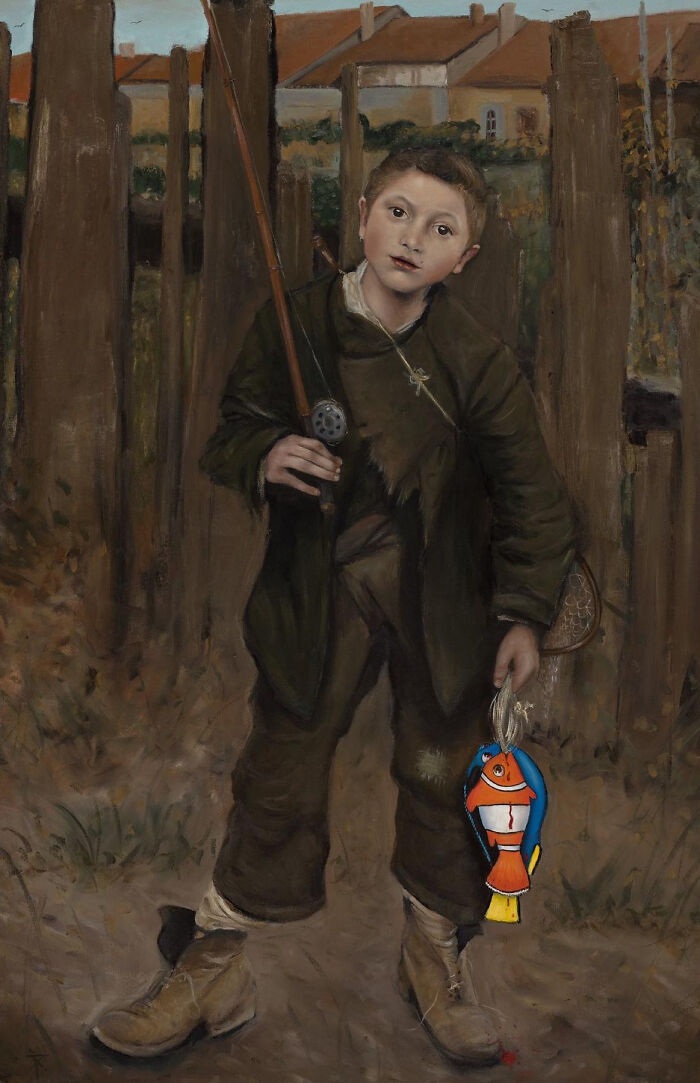 Scottish artist reimagines classic painting of a boy with fishing rod holding a bright clownfish toy