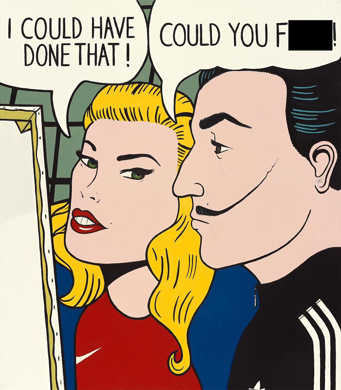 Scottish artist reimagines classic painting as pop art couple in sportswear, blonde woman and mustached man