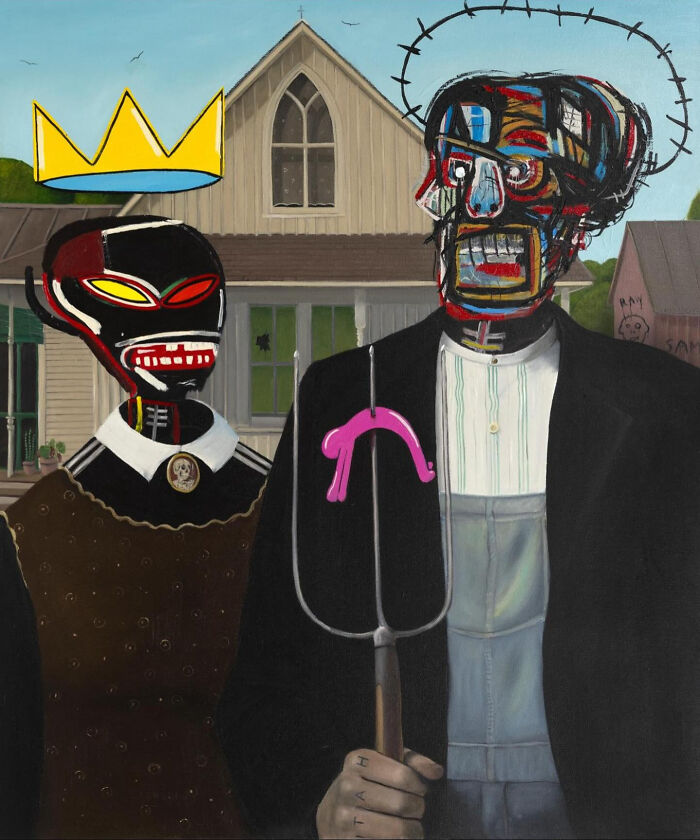 Scottish artist reworks American Gothic into street culture portrait with graffiti skull faces, crown and neon pitchfork.