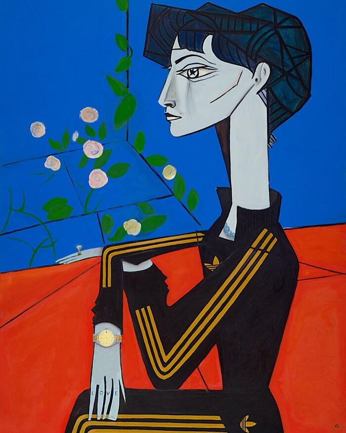 Painting by Scottish artist: cubist woman in black adidas tracksuit with gold stripes, blue background and roses.