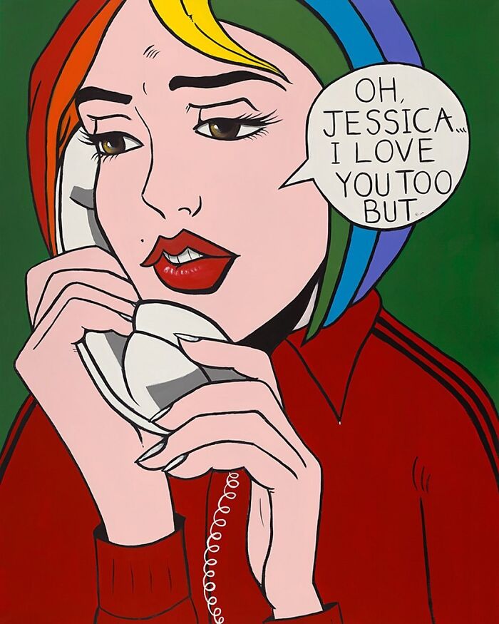 Scottish artist pop-art woman with rainbow hair holding a retro phone, speech bubble reads Oh Jessica I love you too but