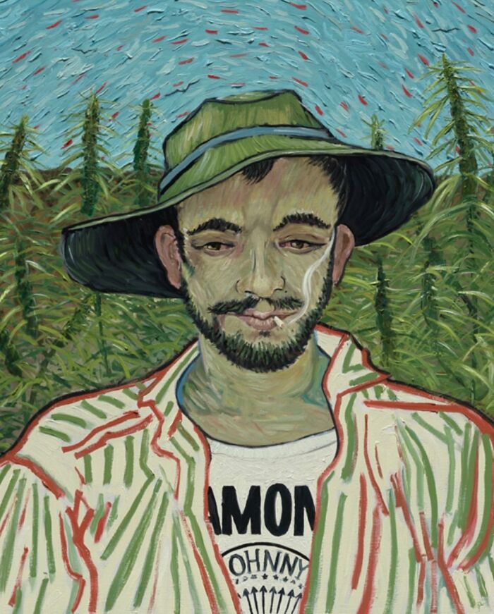 Portrait by Scottish artist of a bearded man in hat and striped shirt smoking, plants in textured painted background