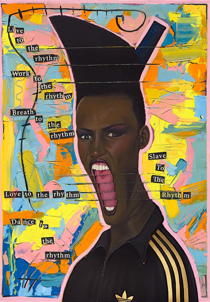 Scottish artist painting blending famous works with modern street culture: shouting figure in Adidas jacket, colorful collage