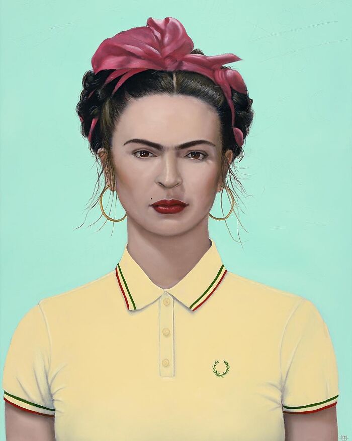 Scottish artist modern street style portrait: woman with unibrow, pink headscarf, hoop earrings, yellow polo