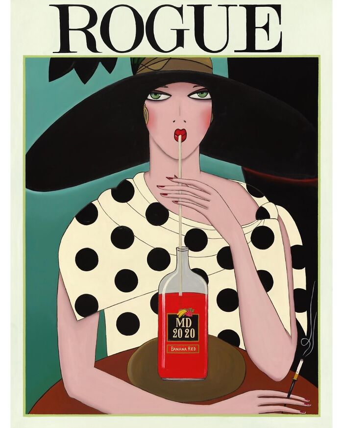 Stylized woman in polka-dot dress sipping from red bottle, wide hat and cigarette — Scottish artist street culture twist
