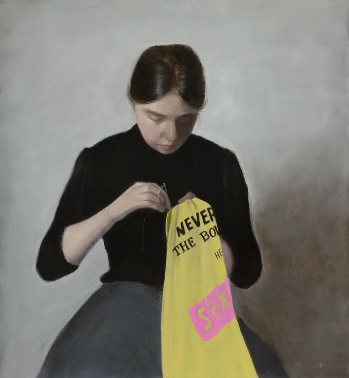 Scottish artist reimagined classical portrait of a woman sewing a yellow streetwear banner with bold text