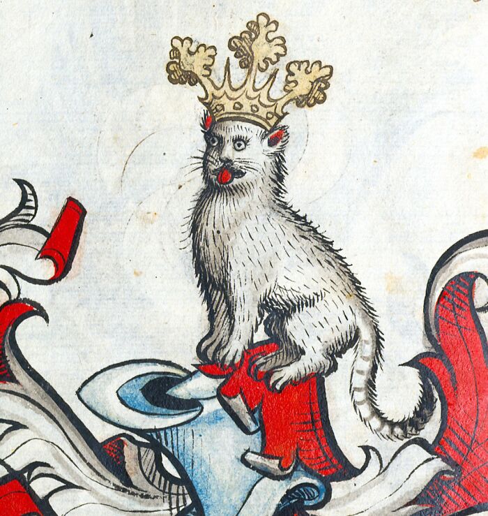 Medieval style old painting of a crowned cat with wide eyes sitting on a colorful abstract decorative background.