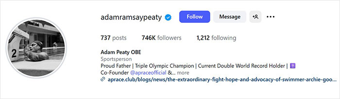 Instagram profile of Adam Peaty showing his verified account with 746K followers and sports achievements listed.