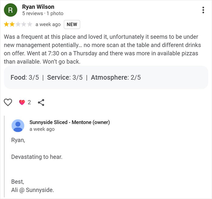 Online review with low ratings and a brief reply from the pizzeria owner known for salty responses to harsh reviews.