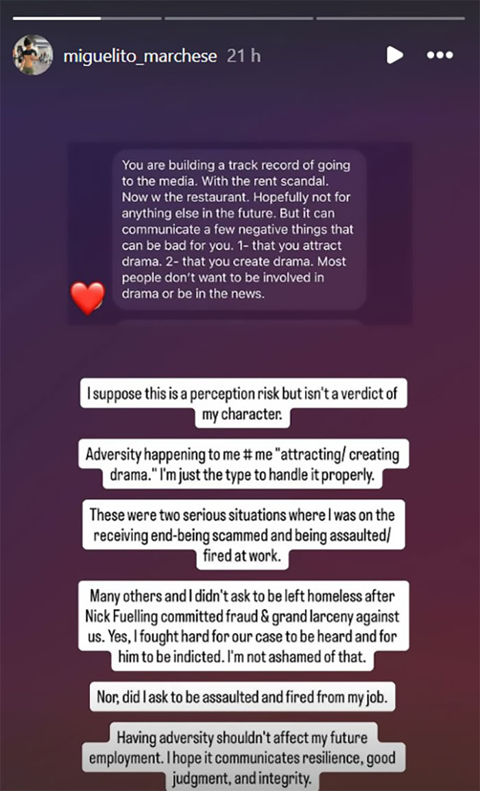 Instagram story text message conversation about adversity, resilience, and being fired, related to SF bartender viral response.