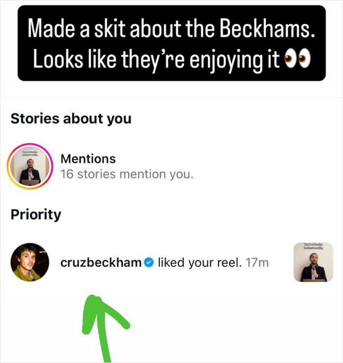 Screenshot showing Cruz Beckham liked a reel, related to mocking Brooklyn's claim about Victoria dancing inappropriately.