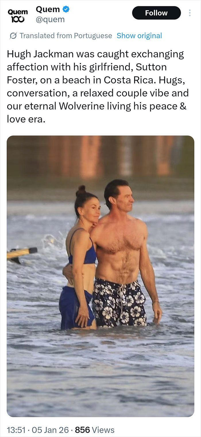 Hugh Jackman and Sutton Foster share a PDA moment at the beach, fans spot 6 fingers detail in the photo. Hugh Jackman and Sutton Foster share a PDA moment at the beach, fans spot 6 fingers detail in the photo.