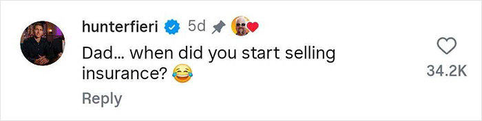 Alt text: Screenshot of a comment by user hunterfieri joking about selling insurance, showing a casual social media interaction.