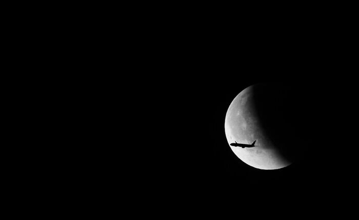 Silhouette of an airplane flying across the moon in a dark sky, capturing stunning animal photo-like contrast.