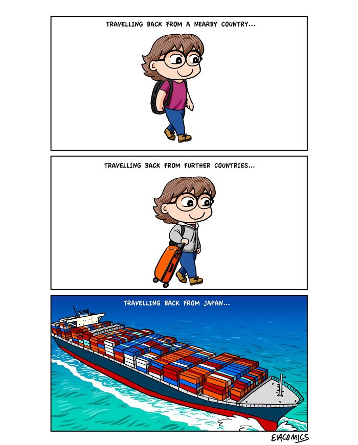 Comic illustrating travel culture shock with relatable scenes of a traveler returning from nearby and distant countries.