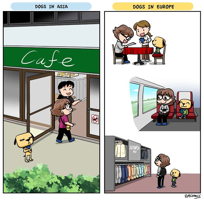 Comic panels showing travel culture shock with dogs in Asia and Europe, part of relatable travel culture comics.