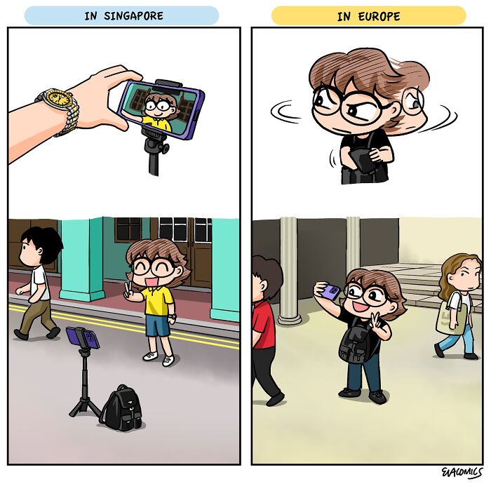 Comic panels illustrating travel culture shock, showing different selfie habits in Singapore versus Europe.