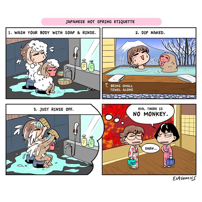 Comic panels illustrating Japanese hot spring etiquette with travel culture shock humor in relatable travel comics style.