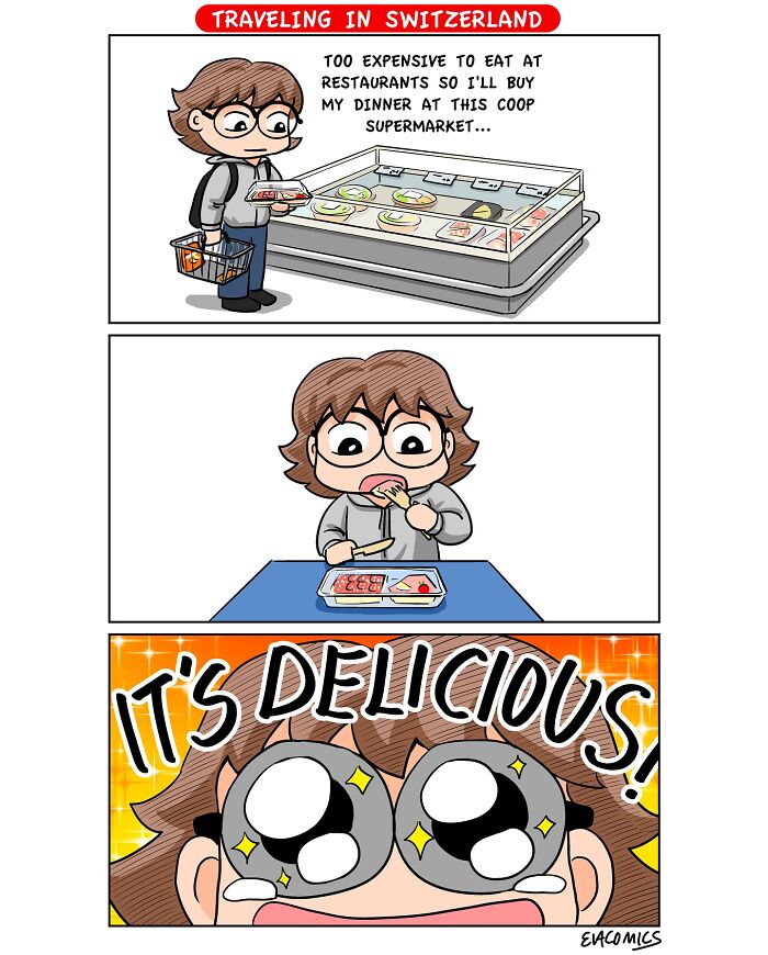 Comic of a traveler experiencing culture shock while eating supermarket food in Switzerland, capturing relatable travel moments.
