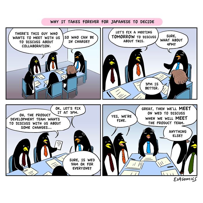 Cartoon comic illustrating travel culture shock with penguin characters in a business meeting, highlighting cross-cultural communication humor.