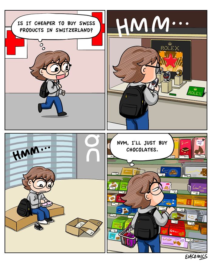 Cartoon comic depicting travel culture shock as a traveler debates buying Swiss products, then opts for chocolates.