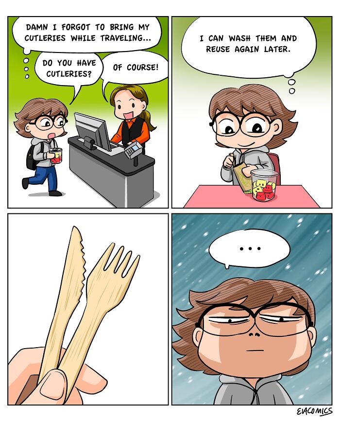 Comic panels depicting travel culture shock with reusable cutlery, illustrating amusing and relatable travel experiences.