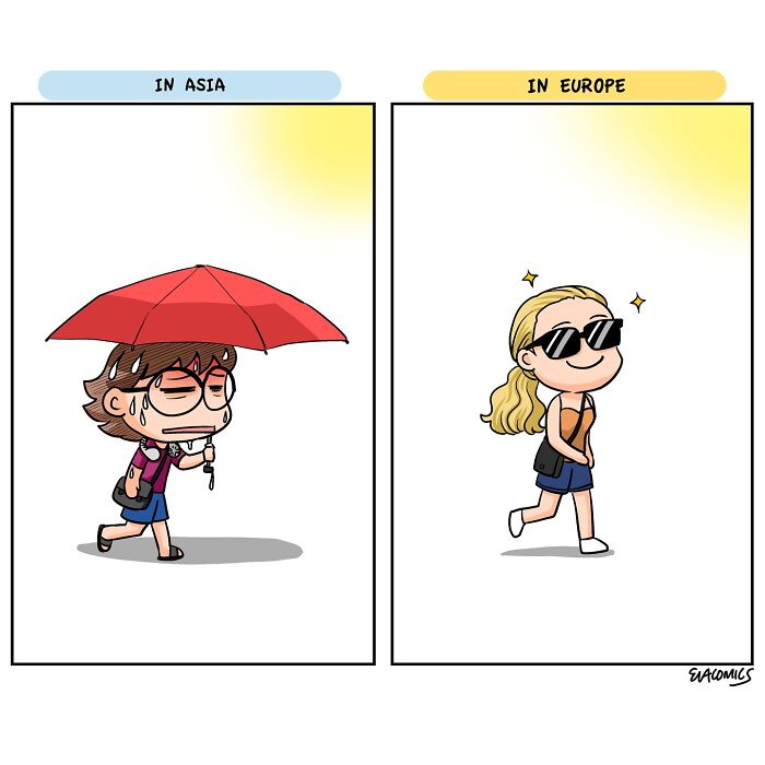 Comic panels showing travel culture shock differences, featuring characters in Asia and Europe with contrasting weather experiences.