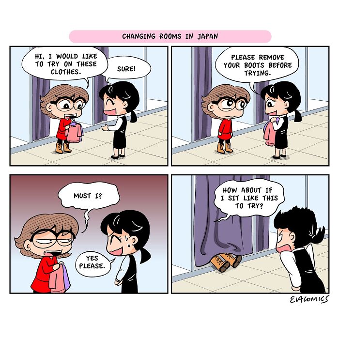 Comic illustrating travel culture shock with a humorous scene in a Japanese changing room and clothing rules.
