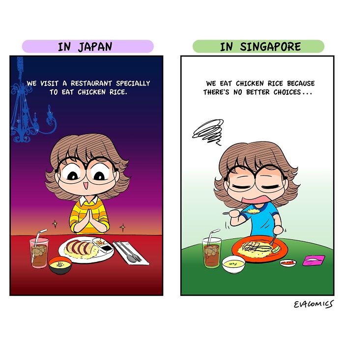Comic panels showing travel culture shock with a character eating chicken rice in Japan and Singapore.