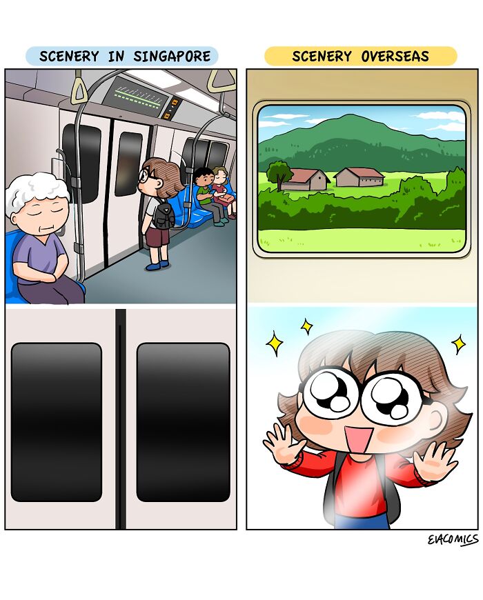 Comic illustrating travel culture shock with relatable scenes of Singapore subway versus overseas countryside scenery.